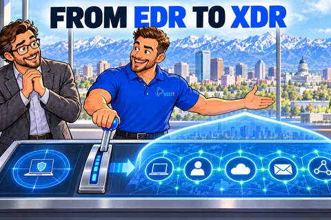 Two men demonstrating shift from EDR to XDR on a futuristic control panel with a cityscape background.