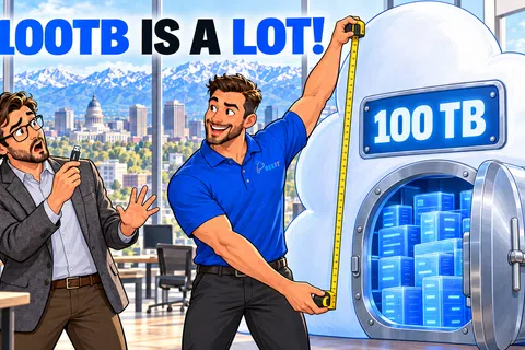 Two men demonstrating the large size of 100 terabytes of data storage with a cloud safe in a modern office.