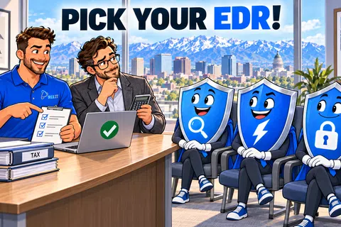 Two men discuss EDR options with three personified shield icons representing different cybersecurity features in an office.