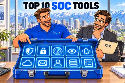 Two men showcase a briefcase with glowing icons representing top 10 SOC tools in a Salt Lake City office.