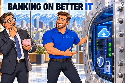 Two men in office showing secure cloud IT solutions inside a bank vault with city skyline background.