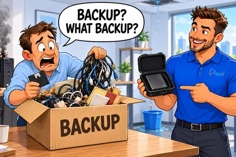 Man overwhelmed by tangled backup cables while technician offers easy backup device in office with leaking ceiling.