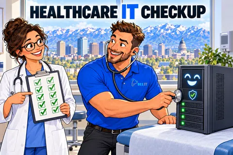 Healthcare doctor and IT technician performing a checkup on a smiling server in a bright clinic with city and mountain views.
