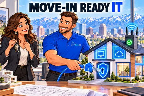 Tech specialist showing a woman a smart connected house model with IT security and cloud services in a city setting.