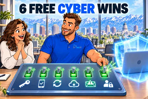 Two people at a desk activating six cybersecurity features with a glowing shield protecting a laptop in an office setting.