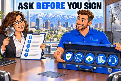 Businesswoman with magnifying glass reviews contract while man shows tech service benefits in office with city backdrop.