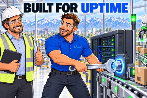 Two technicians in safety gear maintain server equipment in a bright factory with mountains visible outside large windows.