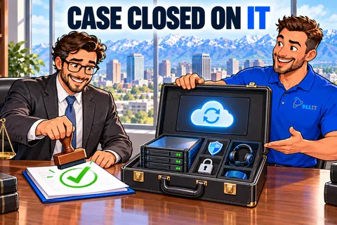 IT professional seals a document with a green checkmark while another showcases secure cloud and hardware technology in a briefcase.
