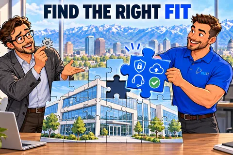 Two men assembling a puzzle of a modern office building with the phrase Find the Right Fit above them.
