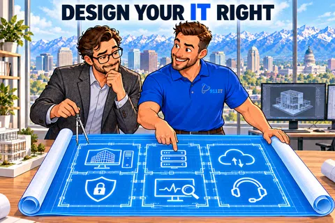 Two men discussing IT infrastructure blueprint with cybersecurity and cloud icons in modern office with city view.