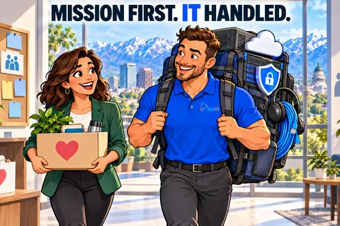 IT professional with tech gear assisting a woman moving boxes labeled with heart icons in a modern office.