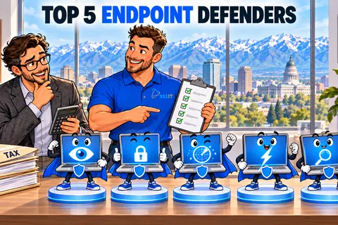 Cartoon showing top 5 endpoint defenders with characters holding checklists in office with Salt Lake City view.