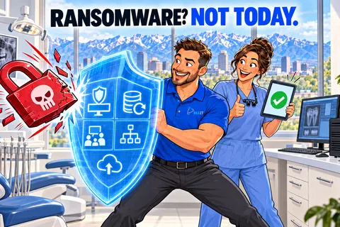 IT technician and dentist defend dental office from ransomware attack using a digital shield and tablet confirmation.