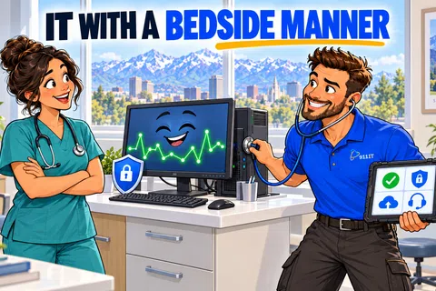IT technician uses a stethoscope on a happy computer monitor with a doctor in a medical office setting.