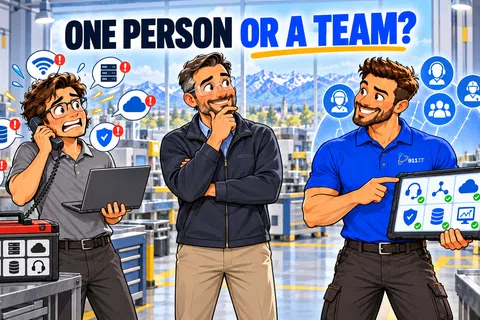 Three men in a factory setting showing stressed solo work versus confident teamwork with connected icons and text.
