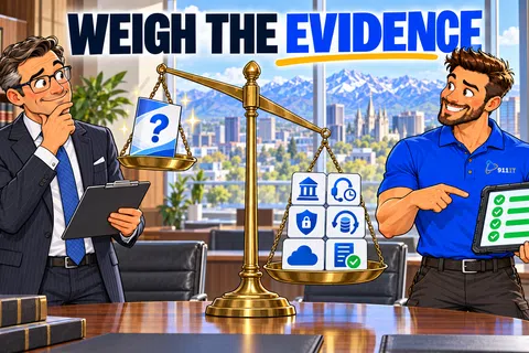 Two men weigh evidence with a golden scale in an office, balancing question mark against technology icons.