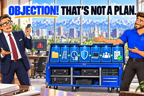 Two men in office debate IT strategy with cartoon icons showing network security and management steps highlighted on a cart.