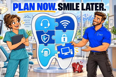 Dental and IT professionals planning technology solutions with a tooth-shaped digital puzzle in a bright office.