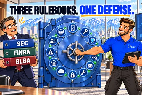 Man holding SEC, FINRA, GLBA rulebooks faces another man defending a digital vault with security icons and keypad.