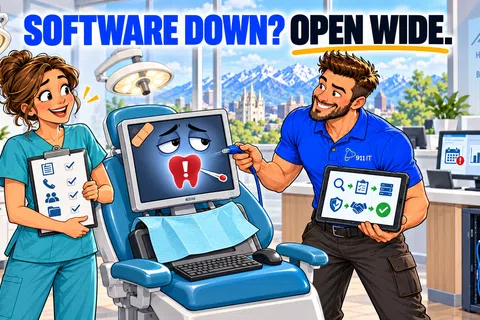 Technician repairs sick computer in dental office with a patient chair and smiling staff, promoting IT support services.