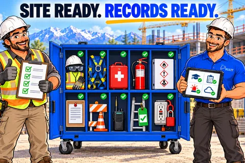 Two construction workers with safety gear and digital checklist in front of organized safety equipment at a site.