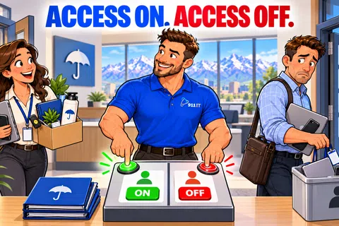 Three office workers demonstrate secure access with green ON and red OFF buttons in a modern office setting.
