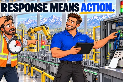 Factory workers in safety gear respond quickly to an alert with modern industrial equipment in the background.