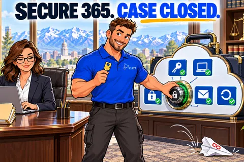 Man in blue shirt locking digital cloud with security icons, woman at desk, legal office with cityscape background.