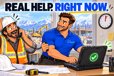 Construction worker getting real-time IT support from technician with laptop at construction site office.