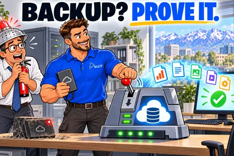IT professional demonstrating data backup validation with modern and outdated servers in an office setting.