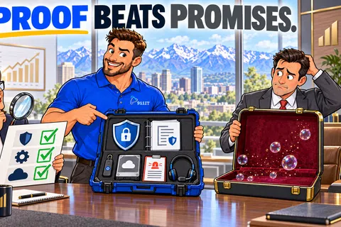 Business meeting with proof of cybersecurity and cloud services beating empty promises represented by bubbles in briefcase.