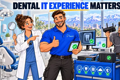 Dental IT professional confidently fixing equipment while dentist points, contrasting with confused technician holding router.
