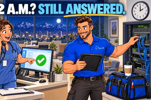 IT technician and nurse in office at night with text 2 A.M.? Still Answered, showing support and service.