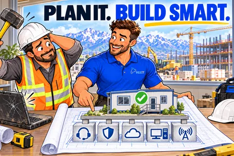 Two construction professionals collaborate over a smart building model with digital icons on blueprints in an office with cranes outside.