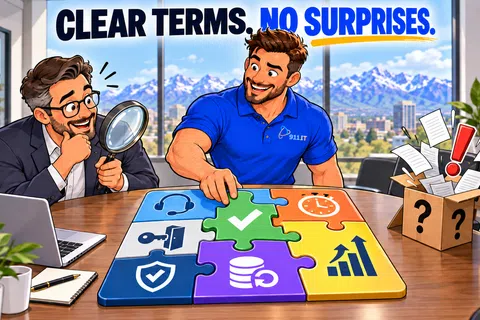 Two men discussing clear terms and no surprises with colorful puzzle pieces and symbols on a table in office.