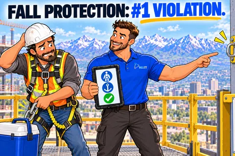 Construction worker learns about fall protection safety from a trainer using a tablet on a high-rise site with mountain views.