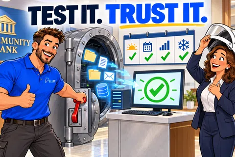 Man tests security at a bank vault while digital data flows to a computer, woman in hard hat thumbs up in office.