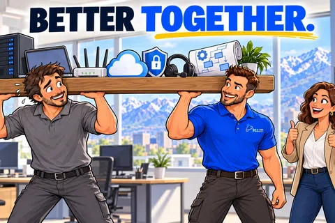 Two men carry a wooden board with tech and cloud icons, while a woman shows thumbs up, with 'Better Together' text above.