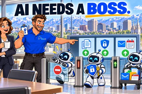 Office scene with two professionals managing cheerful robots passing security gates under AI needs a boss sign.