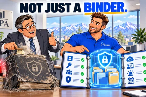 Two men compare a dusty old binder with a clean, digital secure binder showcasing data protection in an office.