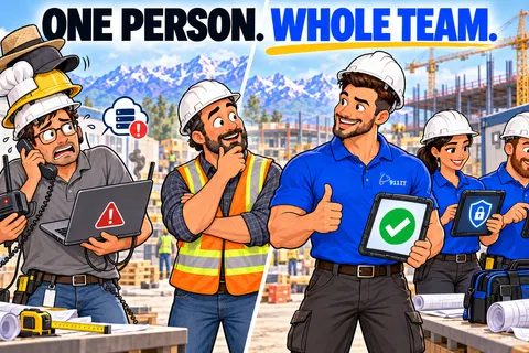 Construction workers on site showing teamwork with devices indicating communication, security, and connectivity icons.