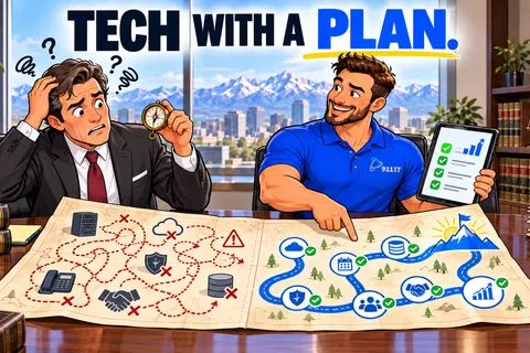 Confused businessman and smiling IT expert compare chaotic versus organized tech plans on desk map illustrating strategy.