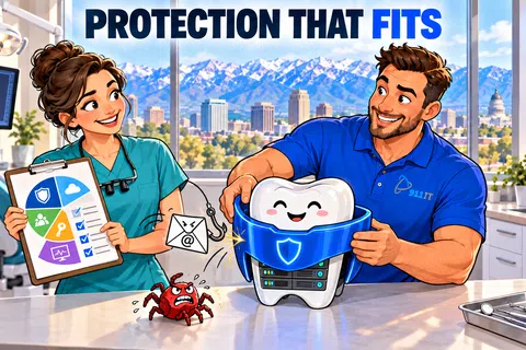 Dental professionals using a protective shield on a happy tooth with a mountain cityscape background.