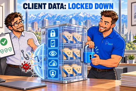 Two men secure client data files in a futuristic locked safe protecting against cyber threats in an office setting.