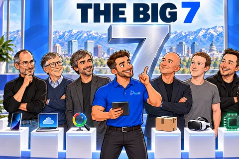 Illustration of seven tech leaders with devices representing their companies against a city and mountain backdrop.