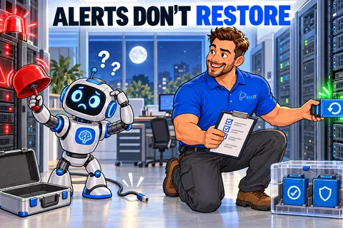 Tech worker and confused robot in server room showing data backup and alert system with restore message.