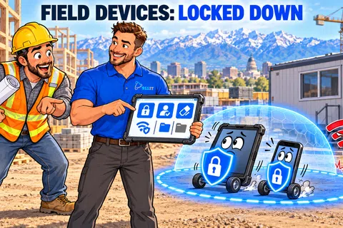 Two workers at a construction site securing digital field devices with cyber protection and lockdown features.