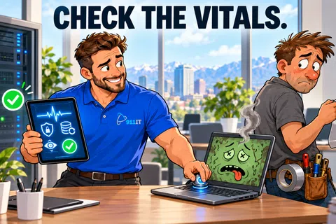 Tech professional checks laptop vitals with tablet, fixing issues while another looks confused holding tools.