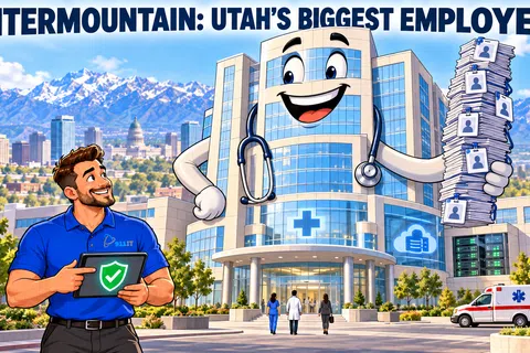 Smiling healthcare building mascot holding staff files beside a man with tablet in front of a hospital with mountain backdrop.