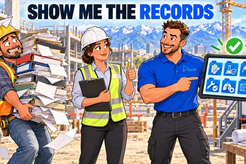 Construction workers comparing physical paperwork with digital records on a tablet at a building site with cranes and mountains.